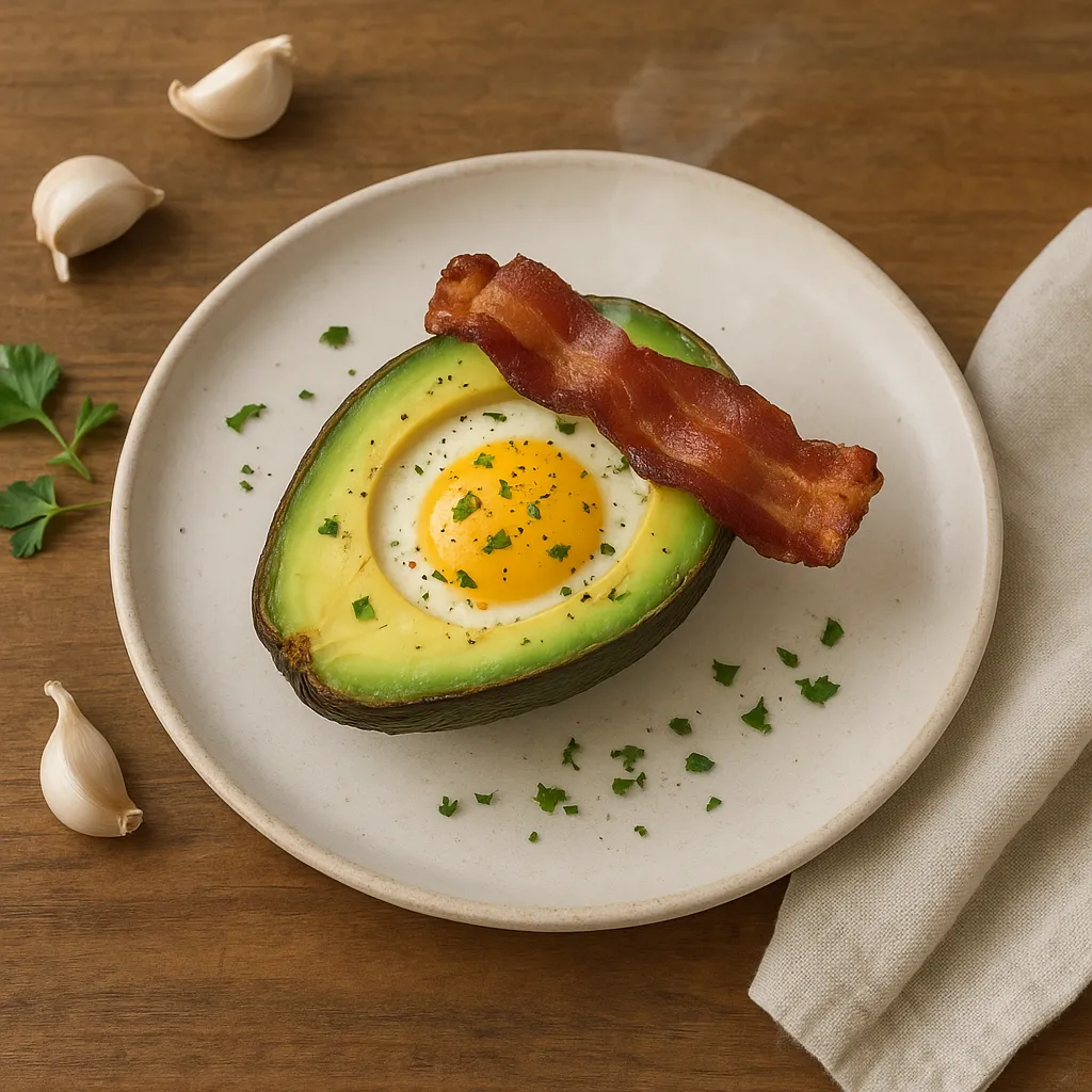 Avocado Egg Boat with Crisp Bacon or Smoked Salmon