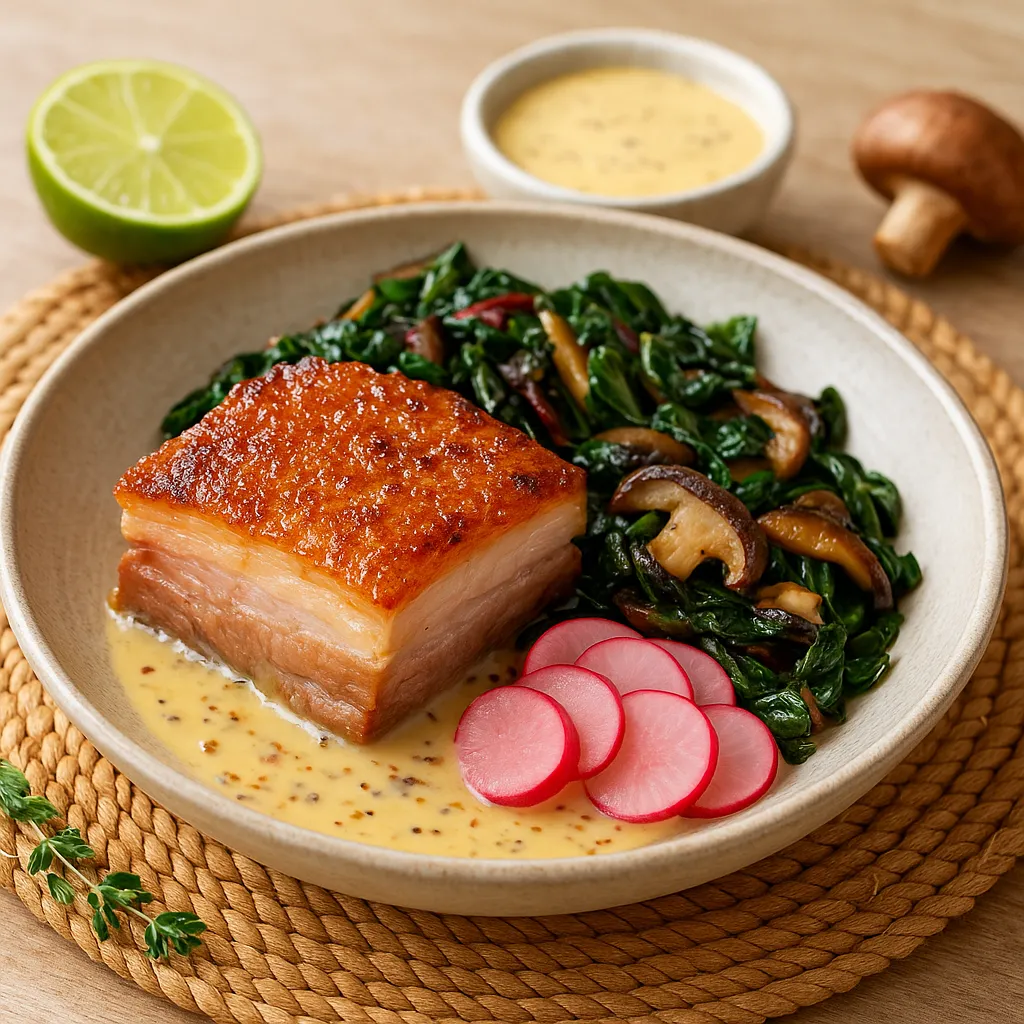 Slow-Roasted Pork Belly with Mustard-Cream Pan Sauce, Sautéed Swiss Chard and Shiitake, Quick-Pickled Radish