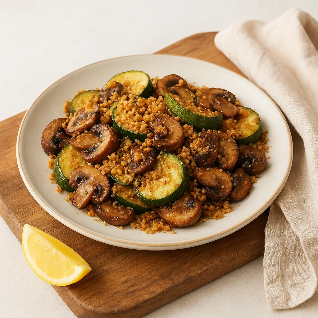 Pan-Seared Zucchini and Cremini with Parmesan–Pork Rind Crumb