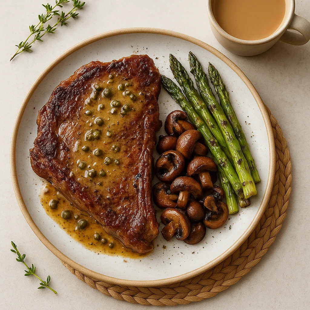 Pan-Roasted Porterhouse with Browned-Butter Mustard-Caper Sauce, Sautéed Cremini and Charred Asparagus