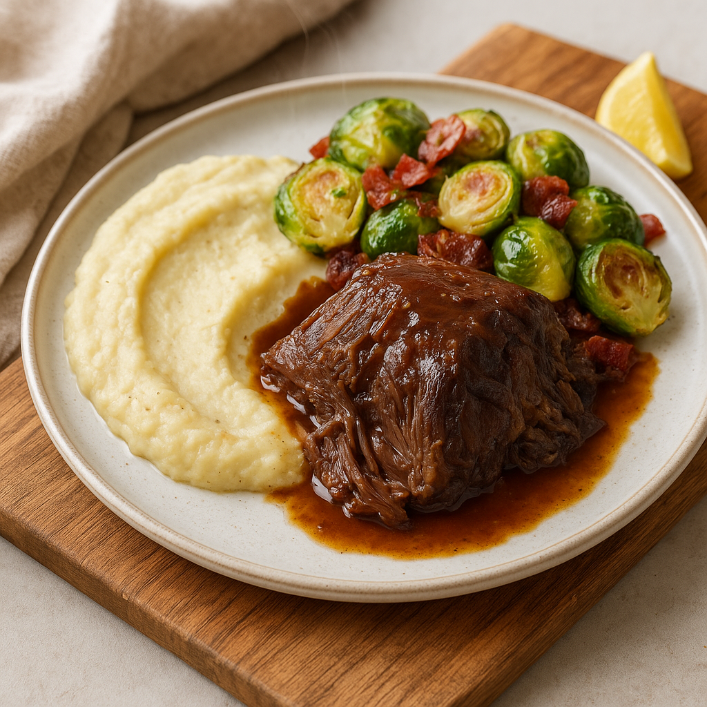 Slow-Braised Chuck Roast with Parmesan Cauliflower Purée and Brussels Sprouts with Crispy Bacon