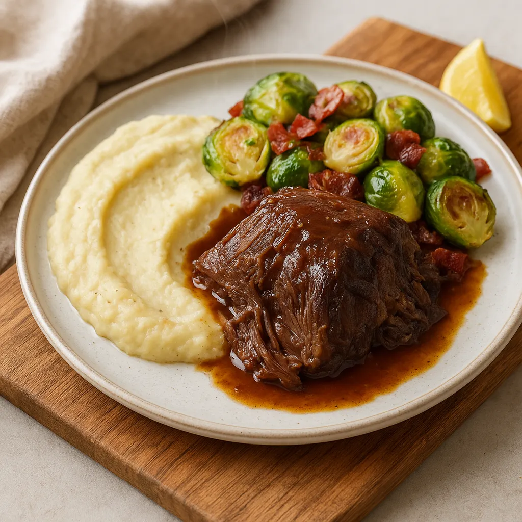 Slow-Braised Chuck Roast with Parmesan Cauliflower Purée and Brussels Sprouts with Crispy Bacon