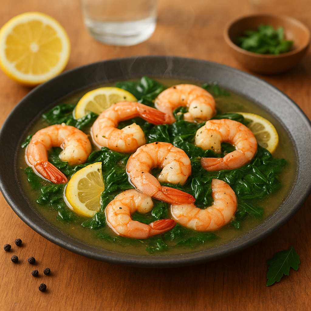 Lemon-Poached Shrimp Broth with Wilted Spinach